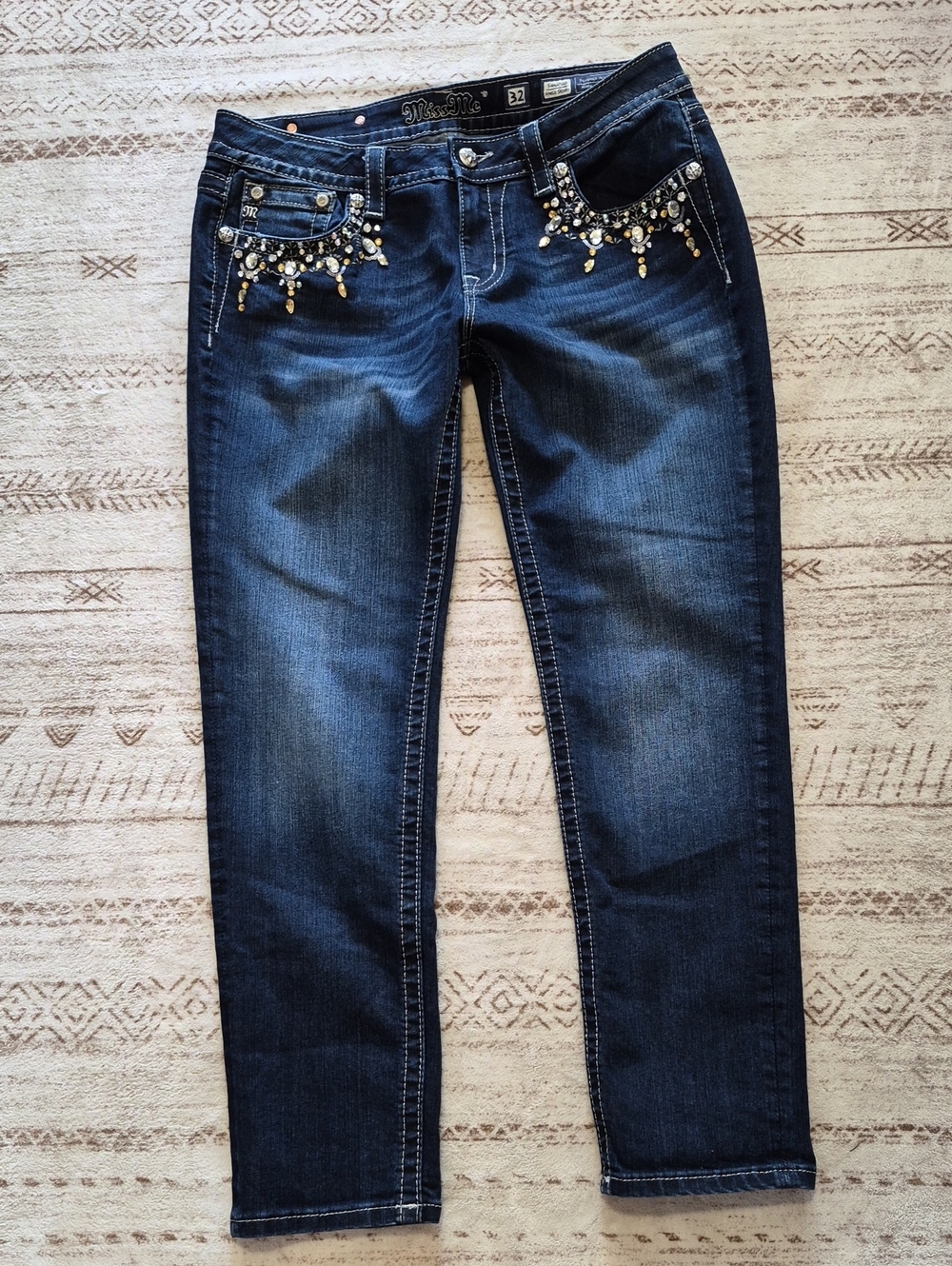 Miss Me Dark Blue Skinny Jeans with Crystal Drop Embellishments